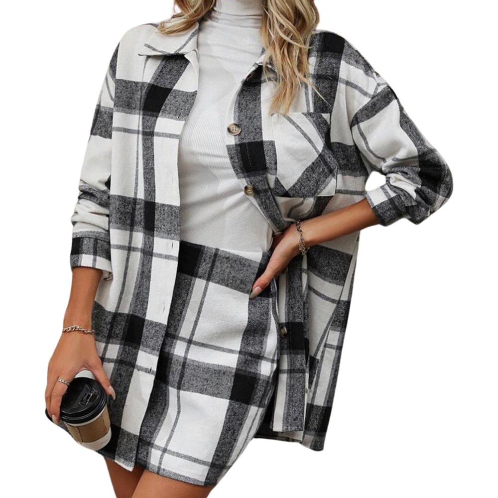 Plaid Print Drop Shoulder Shirt & Skirt Medium Set